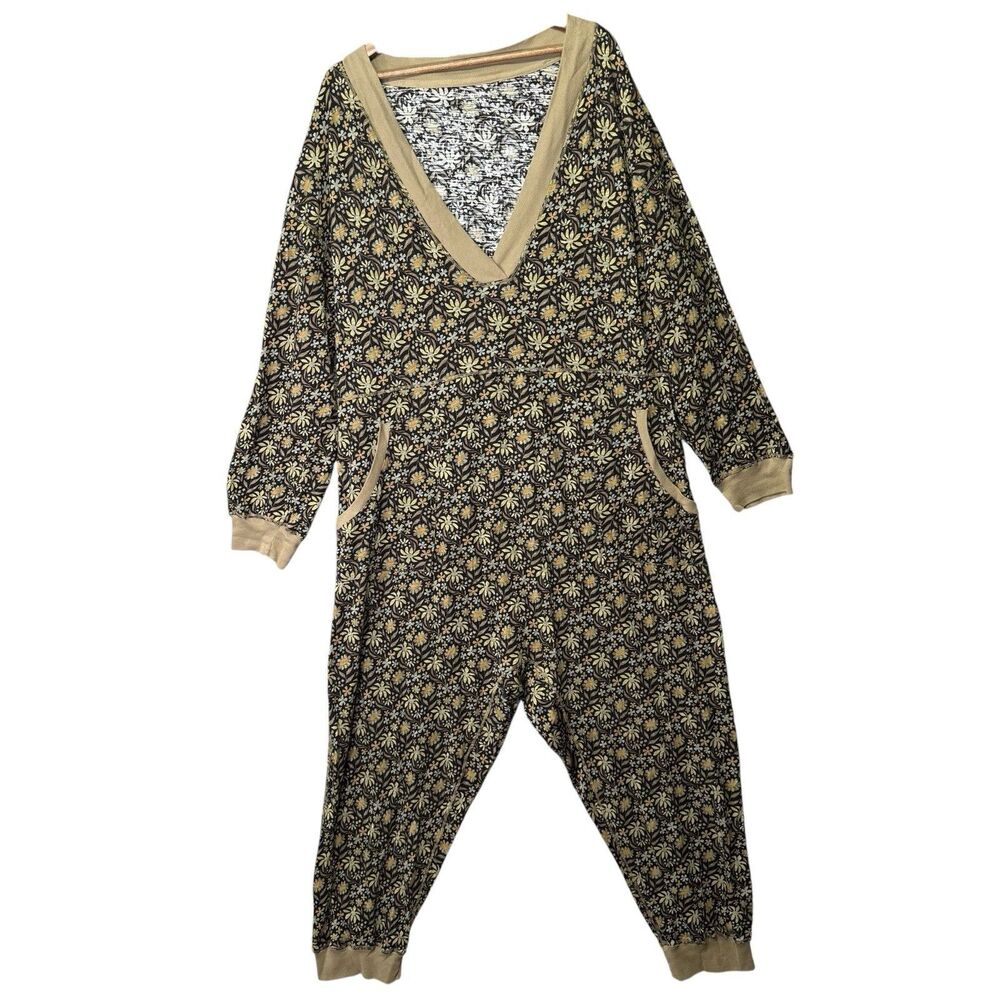 Natural Life Johnnie Cotton Jumpsuit Size XL Green Floral Loungewear Loose